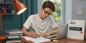 Estudante brasileiro focado em preparação para o ENEM 2025, com livros, laptop e calendário.