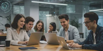 Estudantes diversos utilizando laptops e tablets em um ambiente de coworking moderno, simbolizando a flexibilidade e colaboração da EAD em 2025.