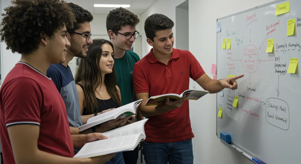 Grupo de estudantes brasileiros discutindo estratégias de estudo para o ENEM em sala de aula.