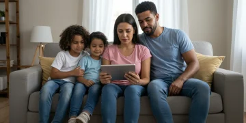 Família brasileira unida em casa, pesquisando informações sobre o Auxílio Brasil 2025 em um tablet.