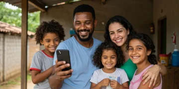Família brasileira com pais e filhos sorrindo em casa, simbolizando o impacto positivo do aumento do Auxílio Brasil em 2025.