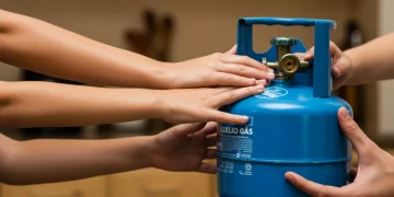 Família feliz recebendo botijão de gás azul, simbolizando o benefício do Auxílio Gás 2025.