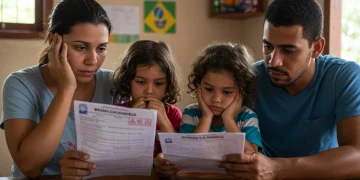Família brasileira preocupada analisando documentos do Bolsa Família, com crianças ao lado.