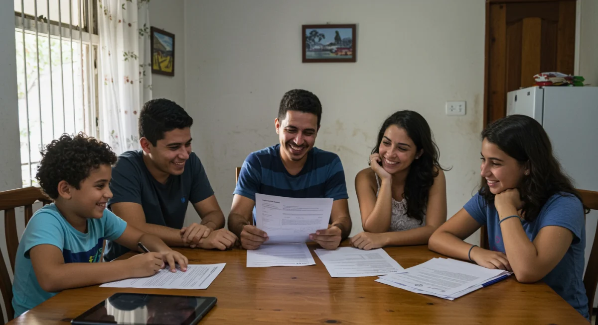 Família brasileira analisando documentos para solicitar benefício social