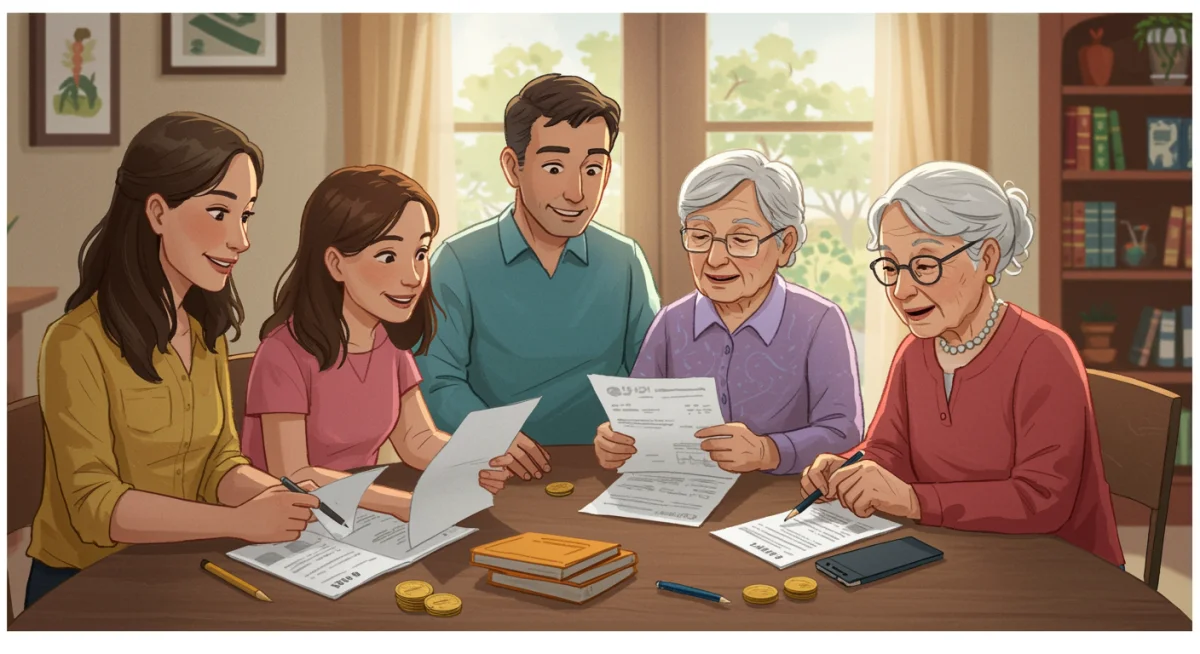 Família brasileira conversando sobre documentos do INSS, simbolizando planejamento financeiro e benefícios previdenciários.