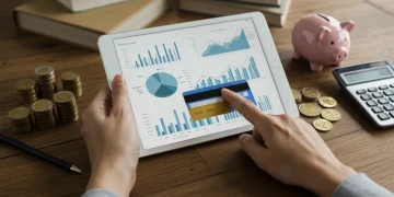 Pessoa analisando gráficos financeiros em tablet e segurando cartão de crédito para gerenciamento.