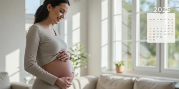 Gestante sorridente em 2025, recebendo auxílio maternidade e suportes governamentais