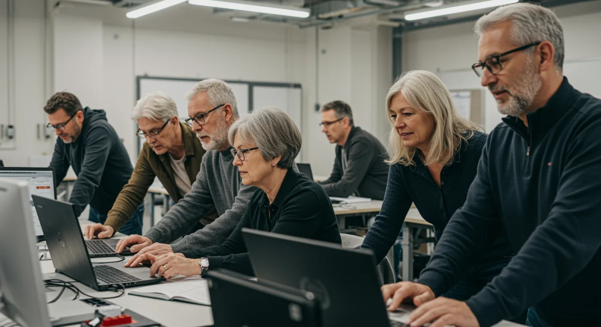 Grupo diverso de adultos em curso de qualificação profissional
