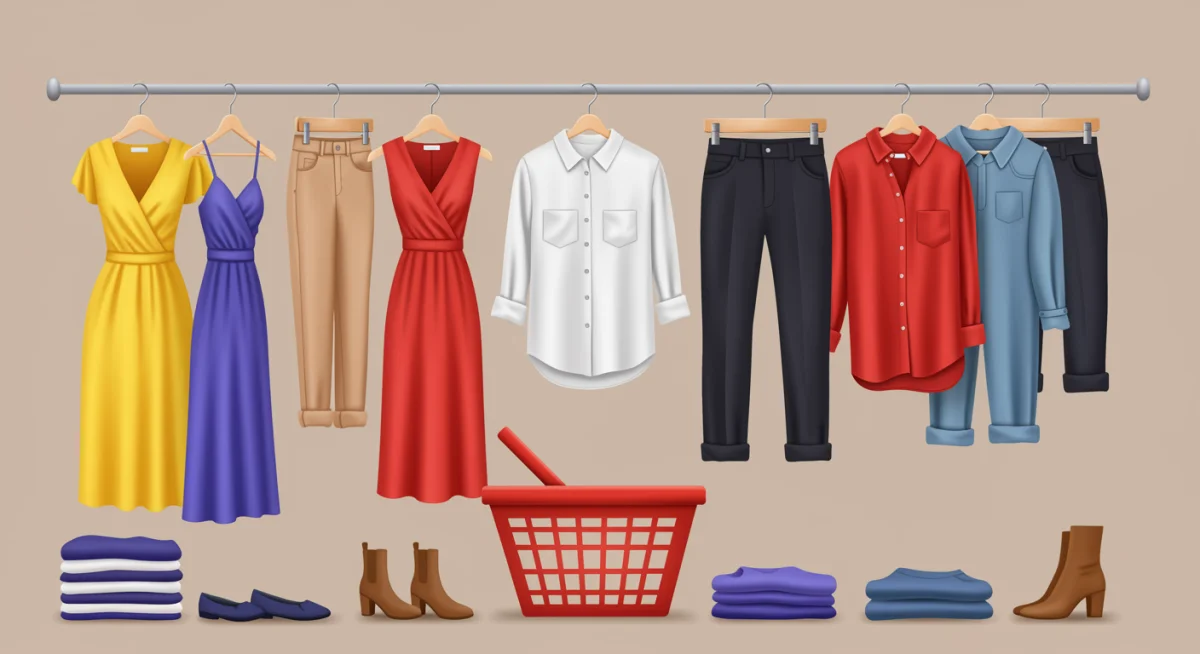 Variedade de roupas estilosas em cabides virtuais, representando um guarda-roupa online e opções de compra.