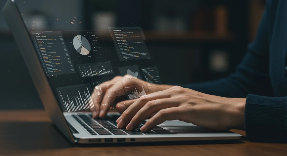 Mãos digitando em um teclado de notebook, com dados e códigos na tela, simbolizando o desenvolvimento de habilidades digitais.