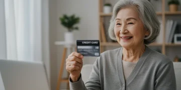 Idosa sorrindo segurando um cartão de crédito consignado, simbolizando segurança financeira para aposentados.