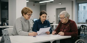 BPC/LOAS 2025: Guia Completo para Idosos e Deficientes Idosa e pessoa com deficiência consultando documentos com assistente social para solicitação do BPC/LOAS.