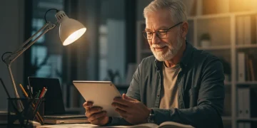 Pessoa idosa estudando em tablet, simbolizando qualificação para aposentadoria em 2025