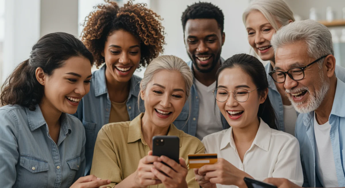 Grupo de pessoas diversas examinando um smartphone, representando inclusão financeira e gestão de crédito