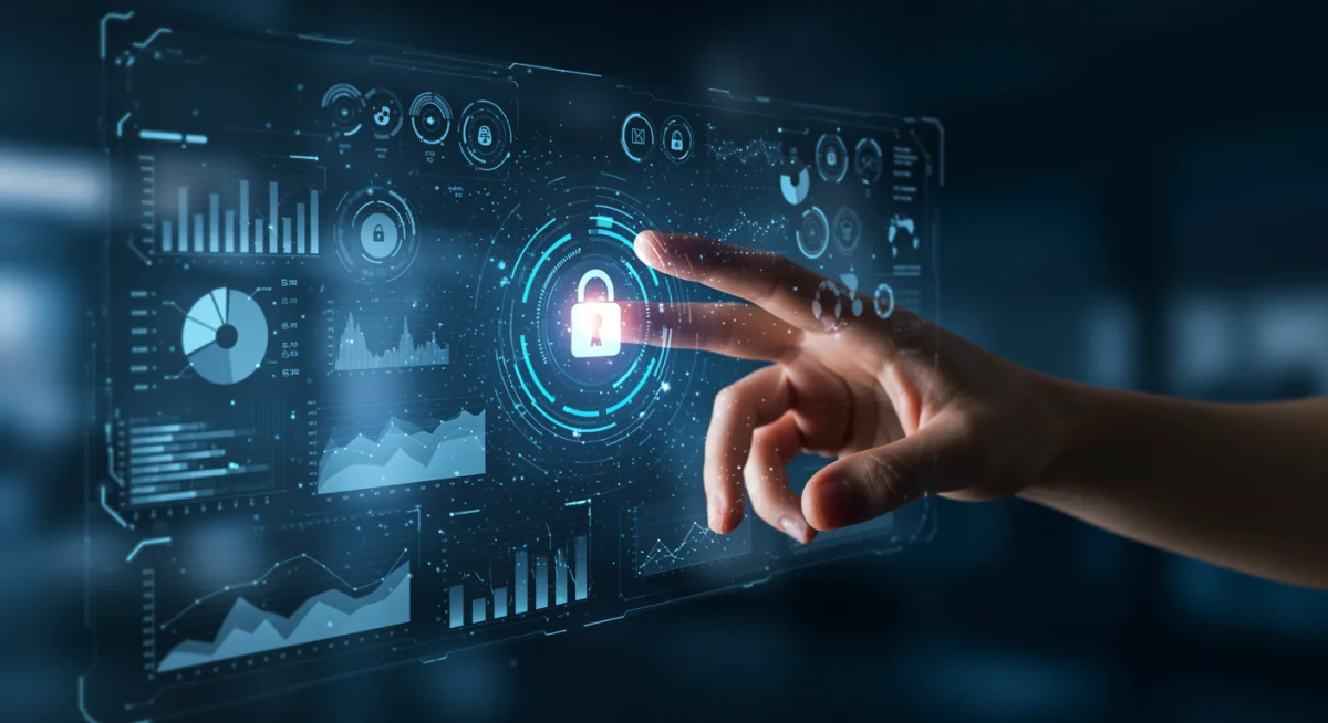 Mão interagindo com interface holográfica de dados, simbolizando tecnologia, análise de dados e segurança cibernética.
