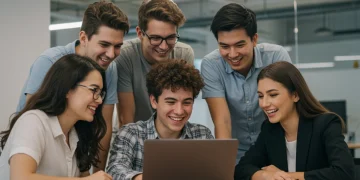 Primeiro Emprego 2025: Guia Completo para Jovens Sem Experiência Jovens diversos e entusiasmados buscando oportunidades de primeiro emprego em 2025, colaborando e utilizando tecnologia.