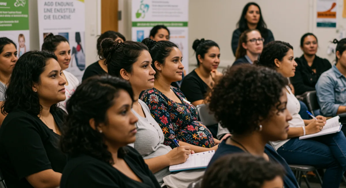 Mães e gestantes em grupo de apoio discutindo benefícios governamentais de 2025