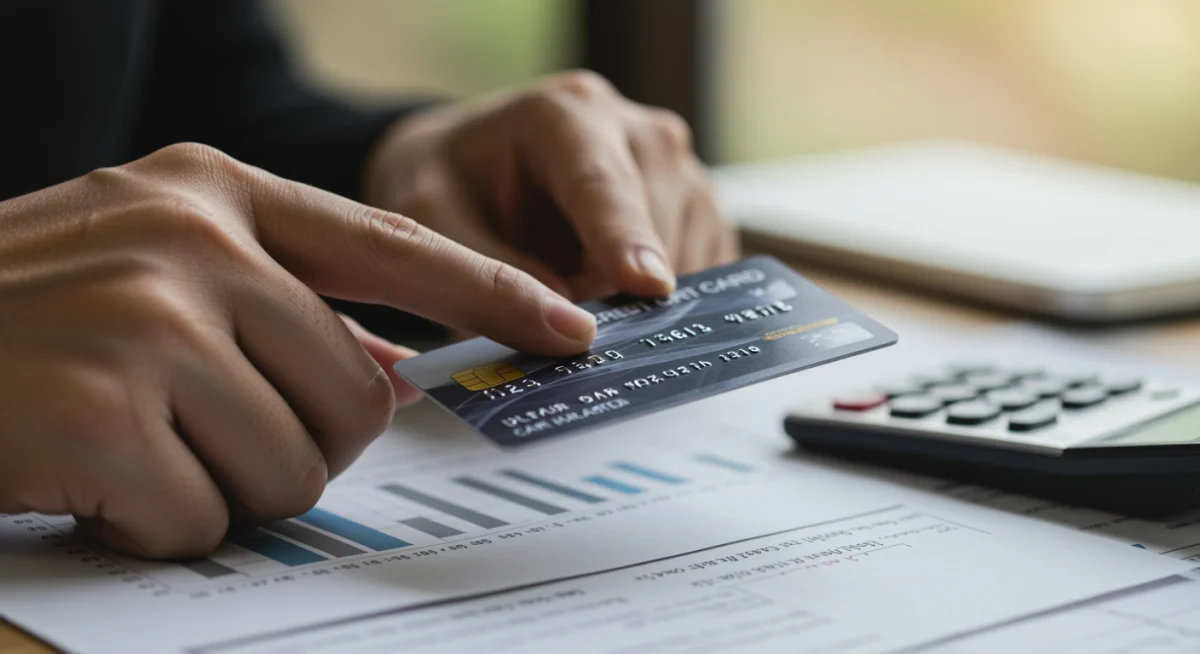 Mão segurando um cartão de crédito, com calculadora e documentos ao fundo, ilustrando planejamento financeiro.