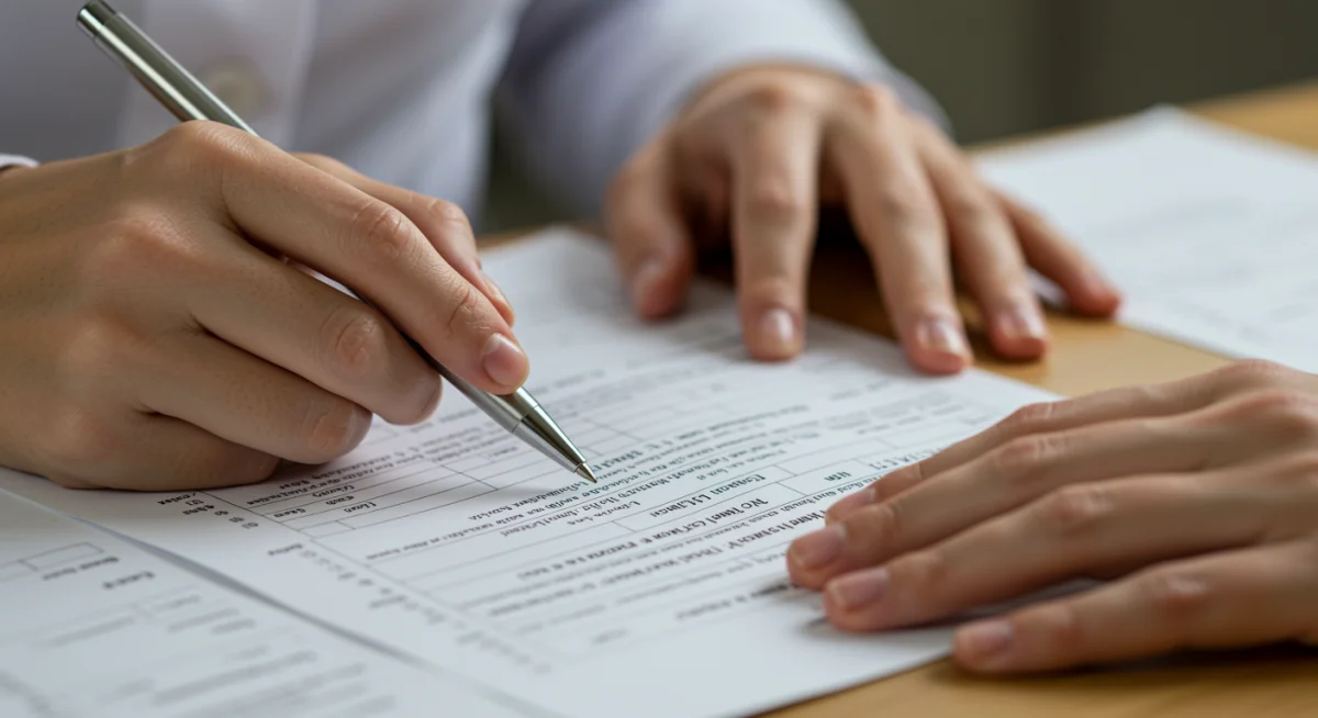Mãos detalhando informações em um laudo médico para solicitação de benefício do INSS.