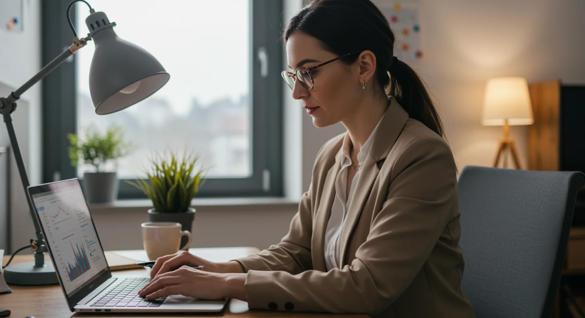 Mulher profissional focada em seu laptop em um escritório em casa, simbolizando a produtividade e conveniência do trabalho remoto após um curso EAD.