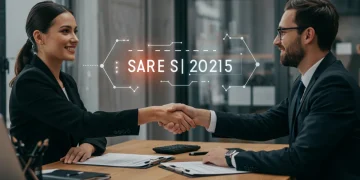 Mulher profissional e confiante negociando salário em um escritório moderno, com aperto de mãos simbolizando sucesso.