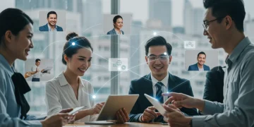 Profissionais diversos em evento de networking online, com conexões digitais e telas de computador.