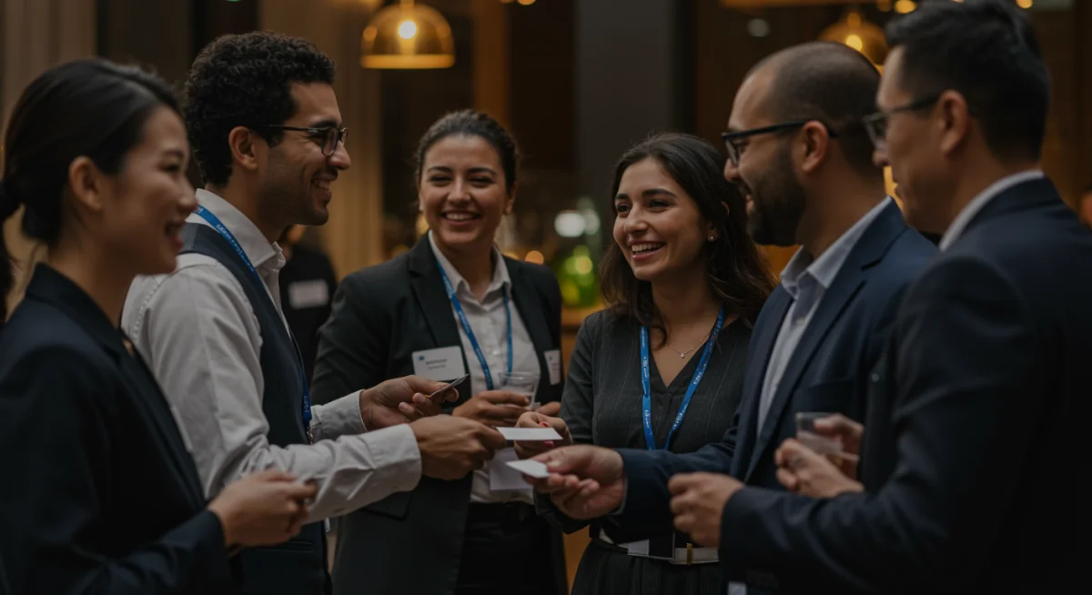 Profissionais de diversas áreas realizando networking em um evento, trocando experiências e cartões, destacando a importância das conexões.