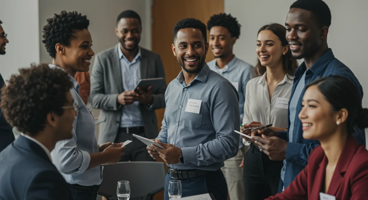 Profissionais de diferentes idades e áreas interagindo em um evento de networking, trocando experiências e contatos para impulsionar suas carreiras e recolocação profissional.
