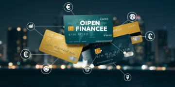 Cartões de crédito conectados por linhas digitais, simbolizando o Open Finance e a gestão financeira moderna em 2025.