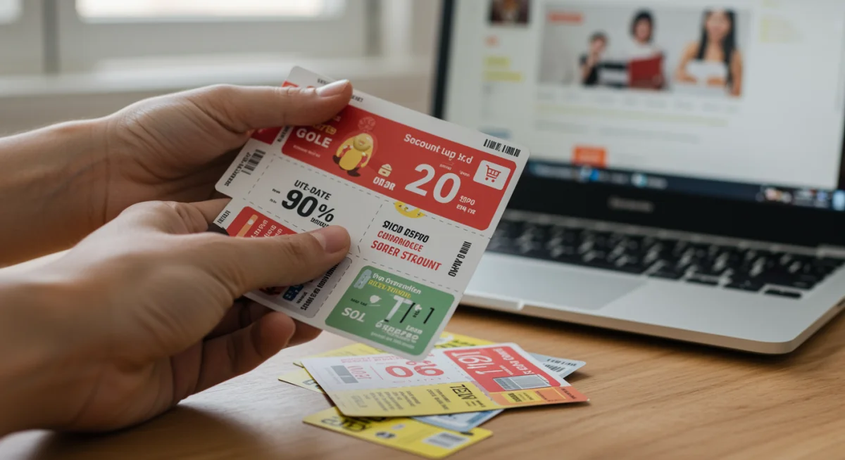 Mão organizando pilhas de cupons de desconto, categorizando-os cuidadosamente em uma mesa.