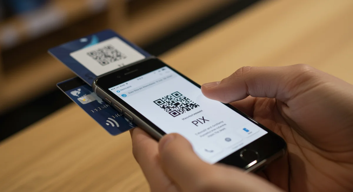 Consumidor realizando pagamento com PIX e cartão de crédito no celular