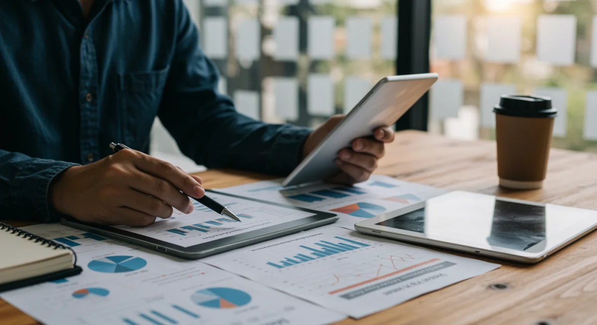 Pessoa pesquisando dados de mercado e salários em um laptop, demonstrando preparação para negociação.