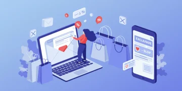 Pessoa feliz abrindo e-mail com cupons de desconto exclusivos em um laptop, cercada por sacolas de compras.