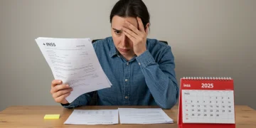 Pessoa analisando documentos do INSS sobre Auxílio Doença 2025 com preocupação, em um ambiente de escritório doméstico.