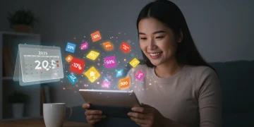 Pessoa assistindo streaming com cupons digitais e calendário de 2025