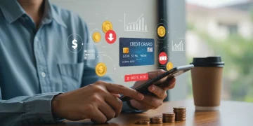 Pessoa visualizando aumento de limite de crédito em aplicativo de banco no celular, com gráficos e moedas ao redor.