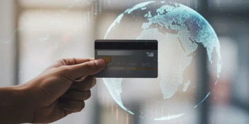 Pessoa segurando um cartão de crédito com fundo de mundo e gráficos financeiros, simbolizando o uso inteligente de pontos em 2025.