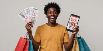 Pessoa sorrindo com vários cupons de desconto e um celular mostrando 20% de desconto adicional em uma compra online.