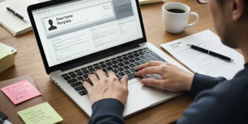 Currículo Vencedor 2025: 3x Mais Convocatórias Garantidas Pessoa focada na elaboração de um currículo em um notebook, destacando a atenção aos detalhes.