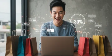 Pessoa feliz usando notebook com sacolas de compras internacionais e cupons de desconto, simbolizando economia em compras globais.
