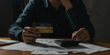 Pessoa preocupada com dívidas de cartão de crédito, segurando um cartão e uma calculadora.