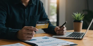 Pessoa preocupada com a fatura do cartão de crédito e gráficos financeiros.