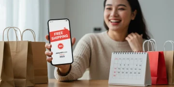 Cupons de Frete Grátis: Compras Acima de R$100 em Janeiro de 2025 Pessoa feliz com smartphone exibindo cupom de frete grátis para janeiro de 2025