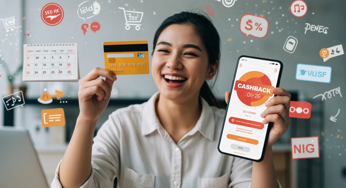 Pessoa sorrindo com cartão de crédito e celular exibindo aplicativo de cashback, com logos de lojas online e calendário de março de 2025 ao fundo.