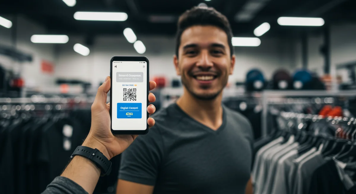 Pessoa sorrindo usando um cupom digital no celular para comprar artigos esportivos, simbolizando economia e compras inteligentes.