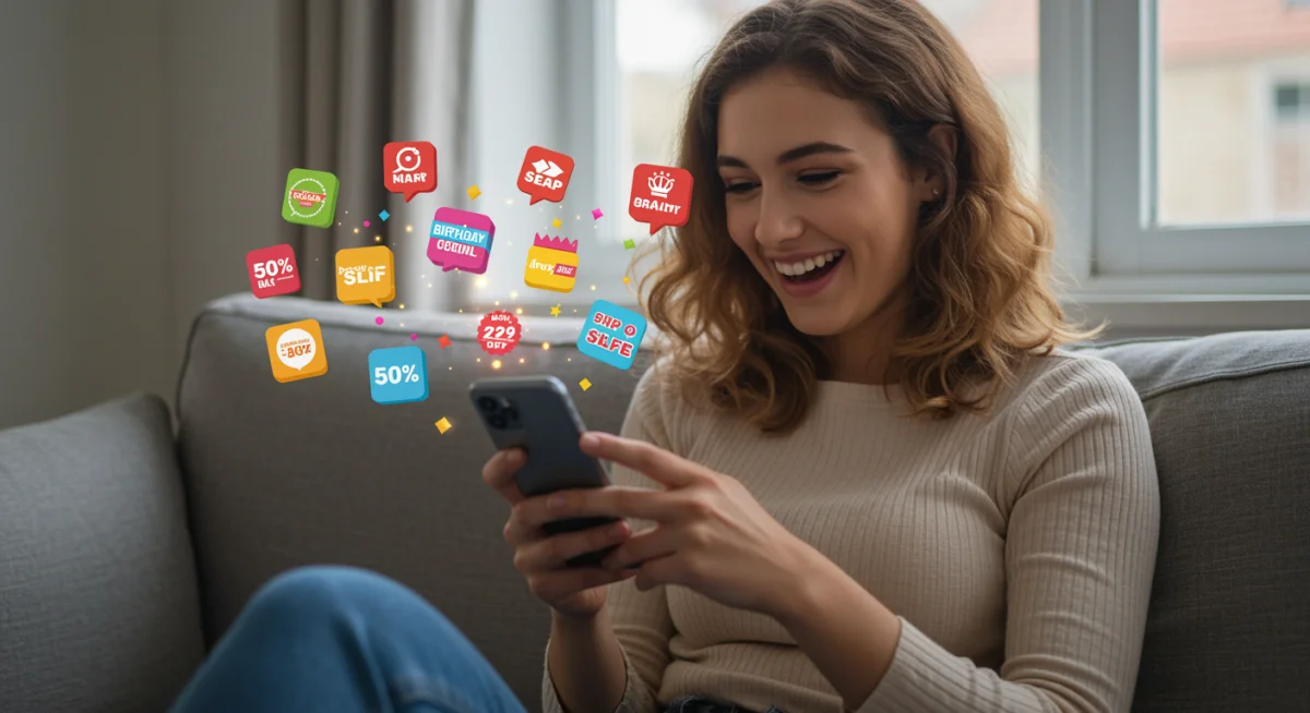Pessoa usando smartphone para encontrar e aplicar cupons de desconto, com ícones de ofertas.