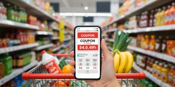 Pessoa usando aplicativo de cupons de desconto com carrinho de compras ao fundo, simbolizando economia em supermercado.