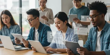 Pessoas diversas estudando online com notebooks e tablets, simbolizando cursos gratuitos com certificado em 2025 para desenvolvimento profissional.