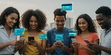 Pessoas felizes usando cartões digitais em seus smartphones no Brasil