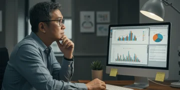 Pessoa analisando documentos de planejamento de aposentadoria com gráficos financeiros em um computador, com foco nas novas regras de 2025.